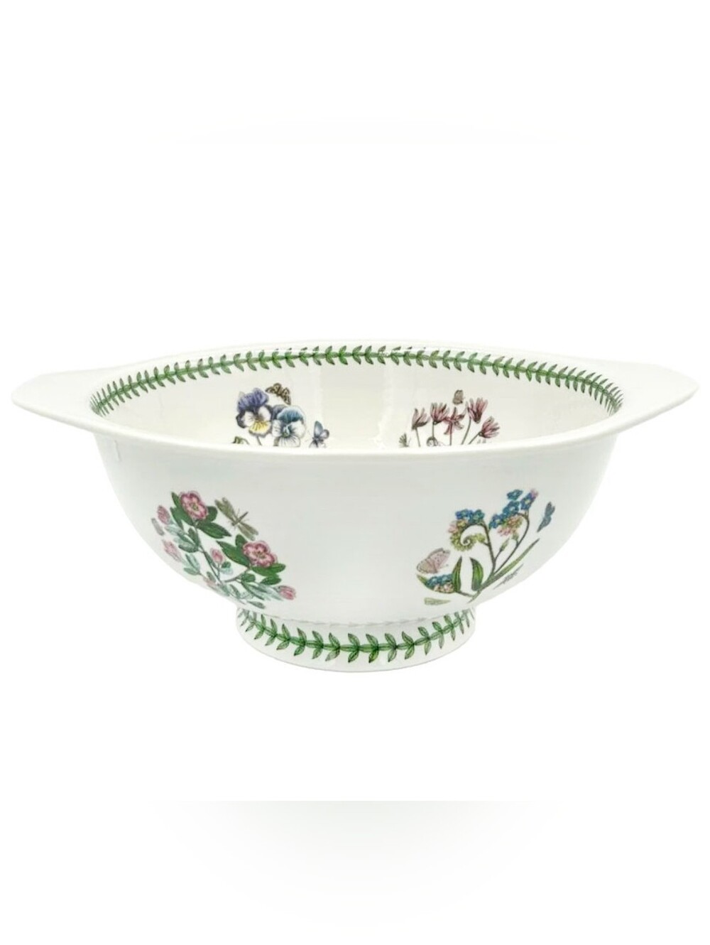 Portmeirion White Ceramic Colander with Green Leaf Border and Floral Motifs, EUC